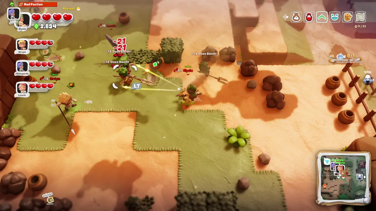 Knights facing Daze Bandits on sand near clay pots