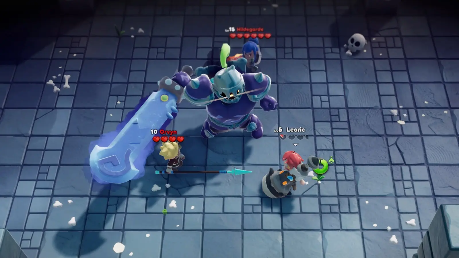 A huge armored figure swinging a blue sword inside a dungeon