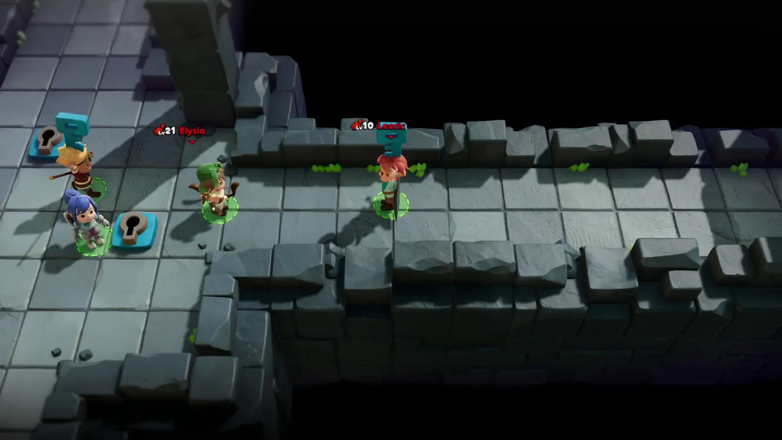 Two knights moving a blue key block in a dungeon puzzle