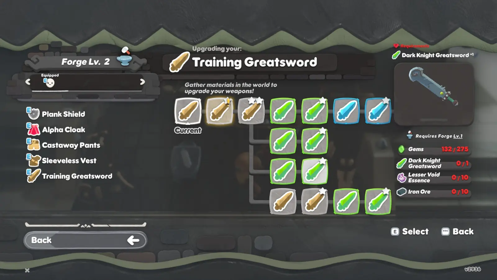 Weapon upgrade tree for the Training Greatsword
